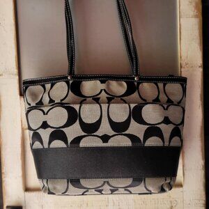 Vintage Coach Gray & Black Signature Stripe Tote Shoulder Bag -F19046